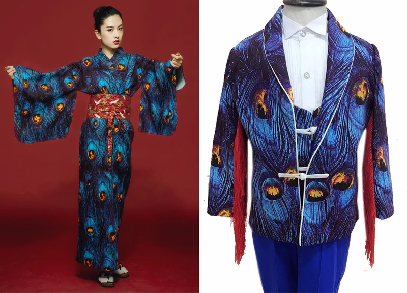 Cotton Spandex Japan Kimono Peacock Print Fabric,Diy Japanese Retro Apparel Sewing Robe Dress Stretch Tissu Cloth Material