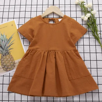 

2020 Children New Short Sleeve Girl Dress Brown Kids Dress For Girls Soild Color Baby Girl Dress Summer Girls Clothing