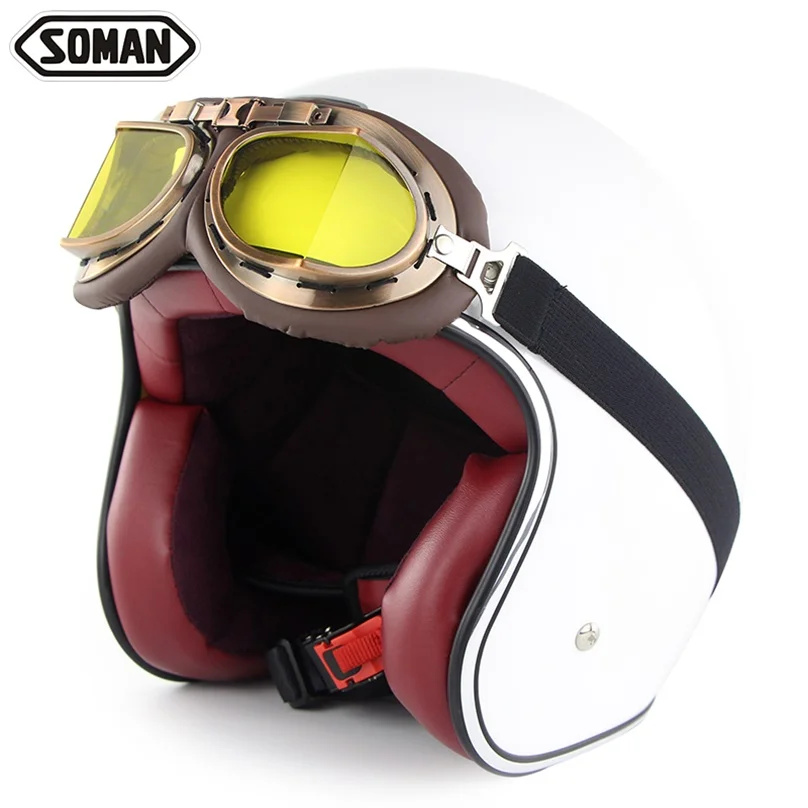 Soman 3/4, шлем с открытым лицом, Ретро стиль, шлем, Ретро стиль, унисекс, Casco Moto, классический кожаный мотоциклетный шлем - Цвет: with Goggle