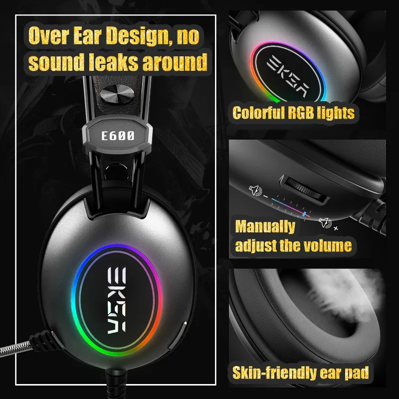 EKSA E600 Virtual 7,1 Surround Sound Игровые наушники через ухо USB игровая гарнитура с микрофоном RGB для компьютера ПК PS4 Xbox Gamer