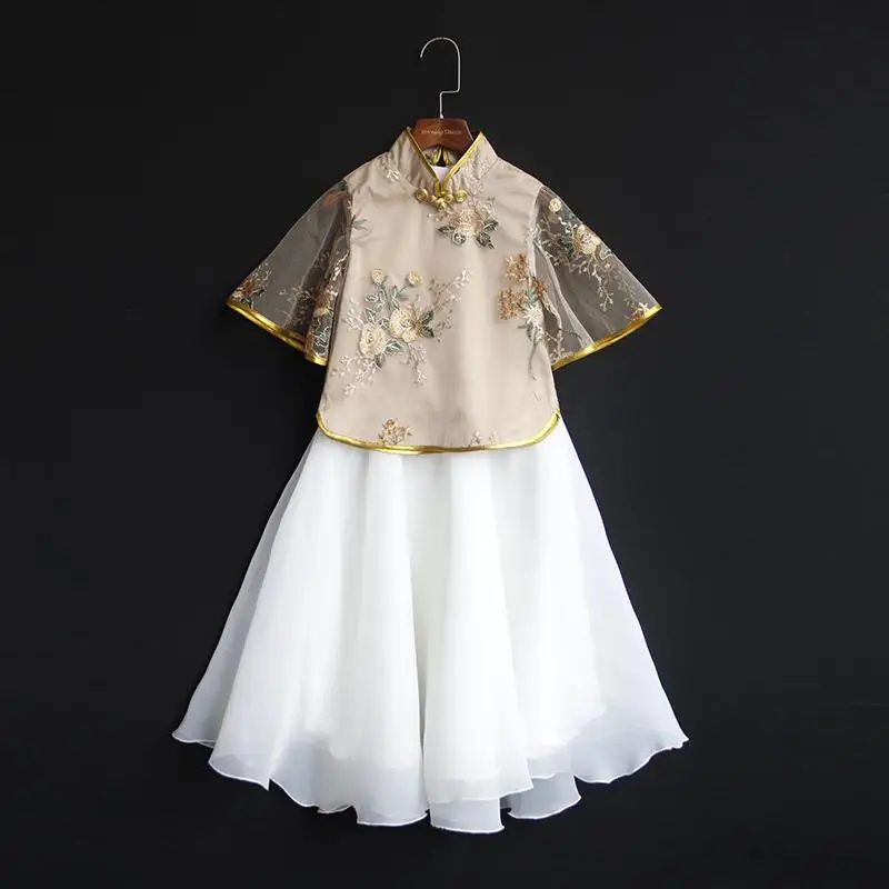 Детские комплекты одежды для девочек; топ с вышивкой принцессы Hanfu+ юбка; комплект из 2 предметов; детская одежда; J397