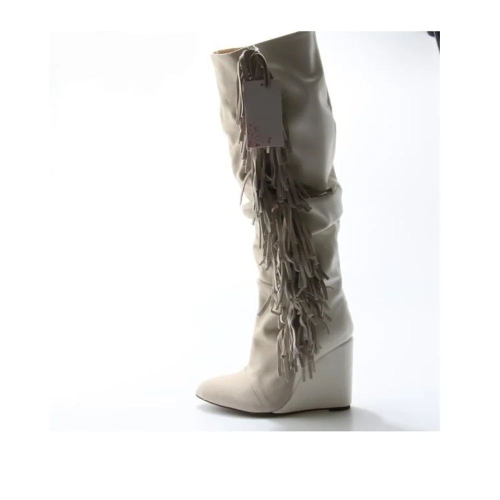 

Women Shoes White Leather Tassel Knee High Boots Women Round Toe Fringe Wedge Boots Winter Dress Shoes High Quality Real Photo