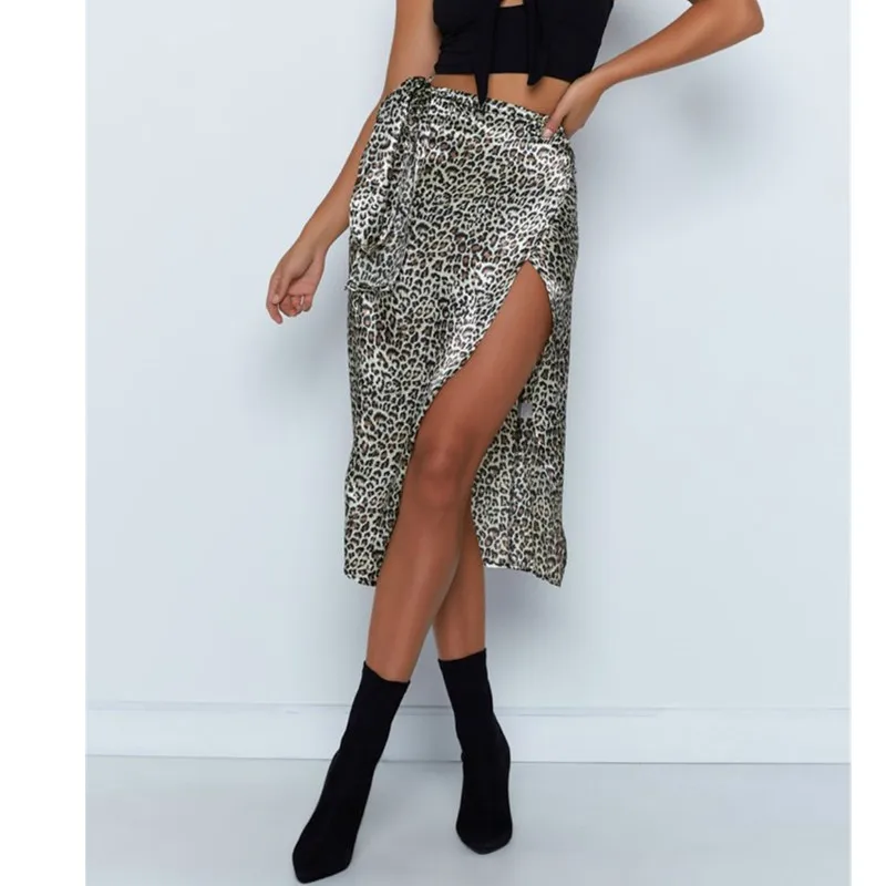 Женская юбка миди с леопардовым принтом юбки А-силуэта высокой талией и разрезом