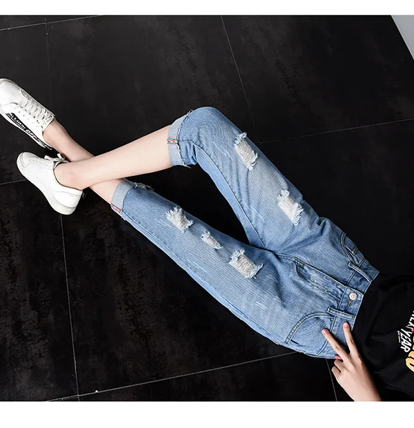 Корейские modsh Большие размеры джинсы с высокой талией женские повседневные укороченные рваные джинсы для мам широкие женские джинсовые