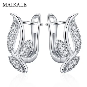 

MAIKALE Classic Stud Earrings Leaf Shape Plated Gold Silver Color AAA Cubic Zirconia Simple Korean Earrings For Women To Friend