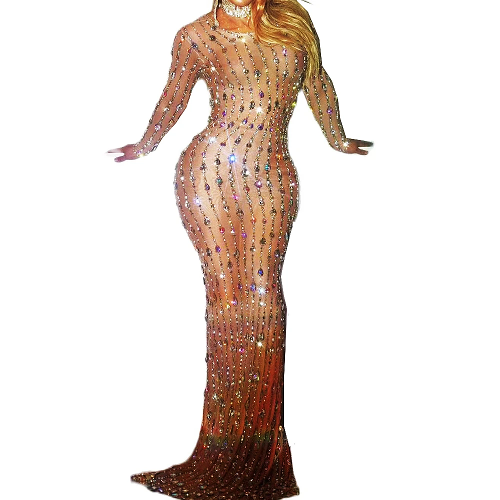 

Floor-Length/Mini Dress Long Sleeve Rhinestones Striped Decoration Sparkly Clothing Women Stage Wear Lady Women's Party Clothing