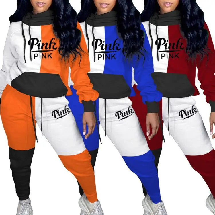 

Activewear Patchwork Pink Women's Set Hooded Sweatshirt Jogger Pant Set Sporty Tracksuit Fitness Two Piece Set Outfits