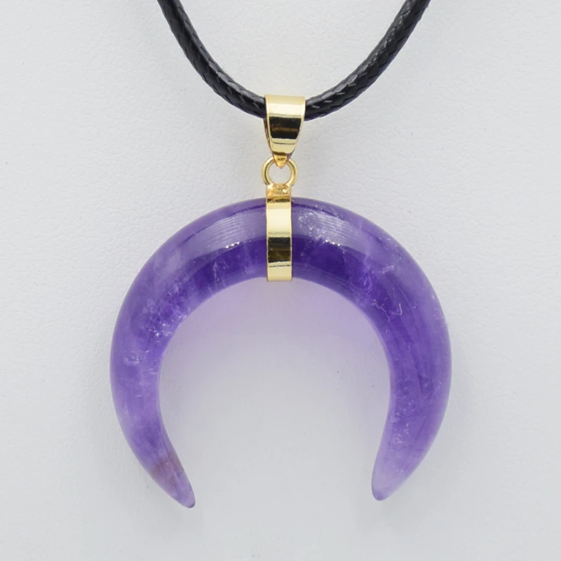 Natural Stone Crystal Crescent Moon Pendants Necklaces Tiger Eye Pink Quartzs Gold Color Reiki Healing Women Men Charm Jewelry