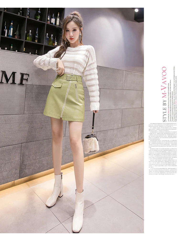 REALEFT Осень Зима молния OL Элегантные мини короткие юбки трапециевидной формы Высокая талия черная искусственная кожа облегающее фигуру платье юбки с ремнем