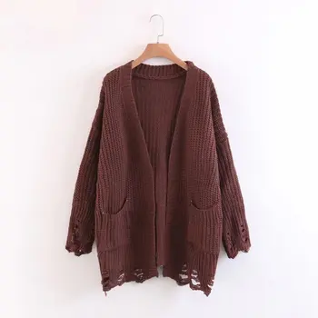 

2020 new Korean version of lazy wind women sweater solid color large size hollow hole double pocket knit cardigan 16820