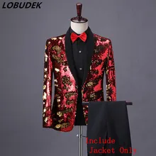 Блестящий красный флип платок с пайетками воротник смокинг пальто с пайетками мужской, Свадебный певец Выпускной Блестящий костюм куртки диджейский клубный сценический блейзер