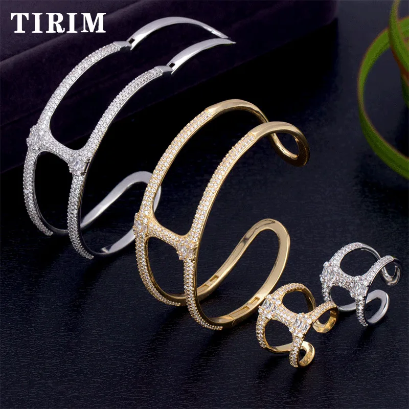 TIRIM Модный Роскошный Браслет манжета из циркония золотого цвета набор колец для