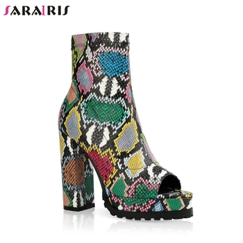 

SARAIRIS Open Toe Zipper Snake Print Ankle Boots Women Platform Brand Fashion Boots Ladies Summer Shoes