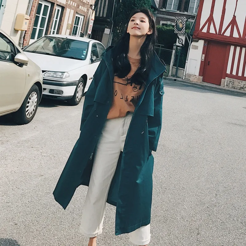 

Photo Shoot CHIC Deep Lake Blue Hooded Drawstring Waist Hugging Trench Coat Women's INS College Style Zipper over-the-Knee Workw