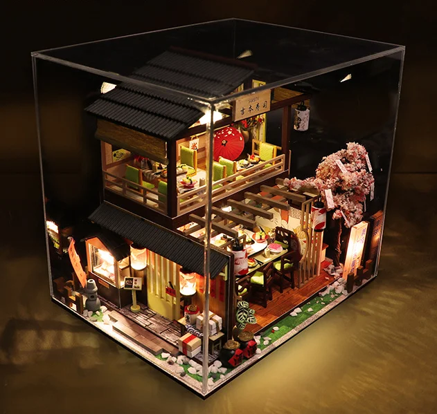 DIY Miniature Dollhouse Kit Vintage 3D Model Building Japanese Sushi Restaurant Birthday Gift Wooden Large Doll House Furniture 11