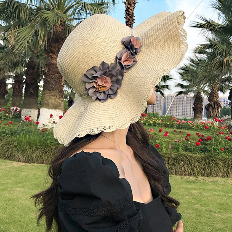 Sombrero de paja con banda de flores mujer, sombrero de ala ancha, playa, empaquetable|Sombreros de sol para mujer| - AliExpress