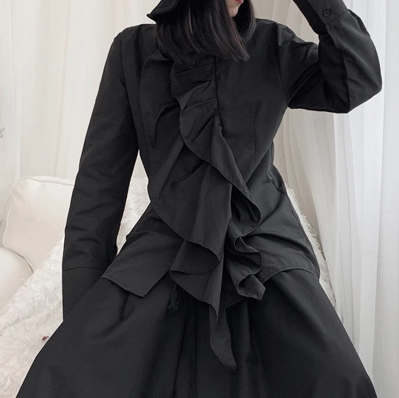 New Korean Style Women Long Sleeve Solid White Black Blouse Shirt Vertical Ruffles Ladies Stylish Casual Blouses 1207B-04