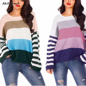 

Fashion Striped Knitted Sweater Autumn Winter Loose Causal Pull Femme 2019 New Patchwork Long Sleeve Ladies Pullover Jumper Tops