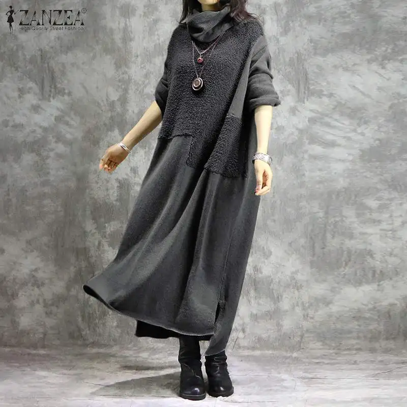 

Fashion Turtleneck Hoodies Dress Women's Autumn Sundress ZANZEA Casual Sweatshirts Pullovers Female Pacthwork Robe Plus Size 5XL