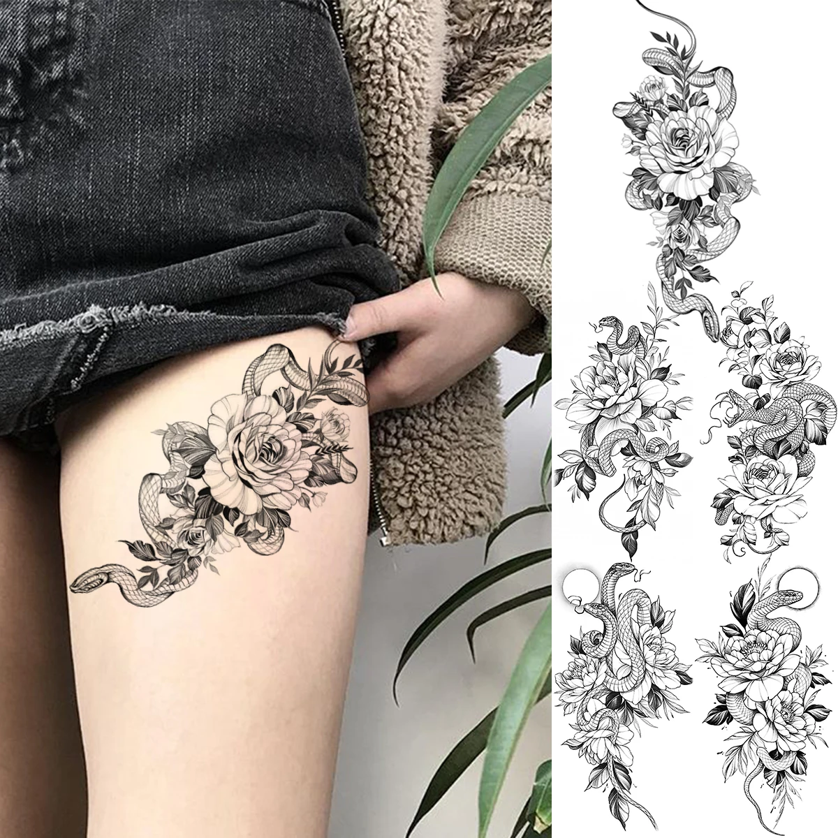 

Realistic Peony Flower Snake Temporary Tattoos For Women Adult Rose Serpent Fake Tattoo Sexy Thigh Arm Waterproof Tatoos Sticker