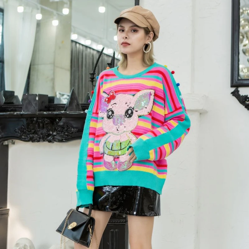 

Women's Knit Sweater Thai Tide brand Cartoon Applique Sequins Personality Sweater Women Loose Ageing Knit Top
