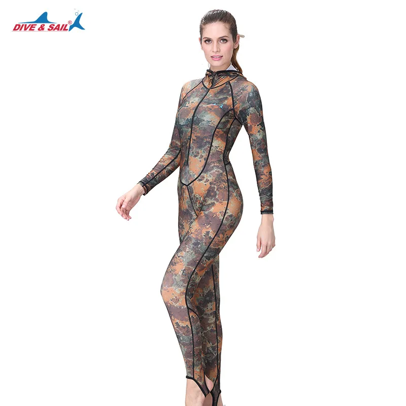 Dive&Sail Men Women One Piece Lycra Wetsuit Skins Long Sleeve Spearfishing Diving Suit with Camouflage Pattern Anti UV Surf Suit