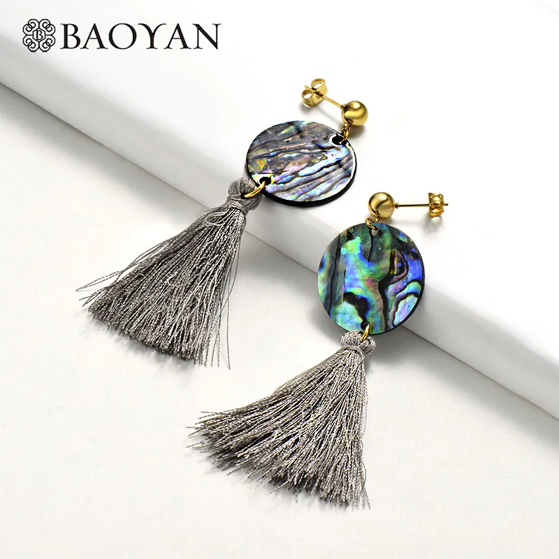 

Baoyan Bohemian Big Abalone Shell Earrings Gold Stainless Steel Drop Earrings Fashion Long Tassel Drop Dangle Earrings For Women