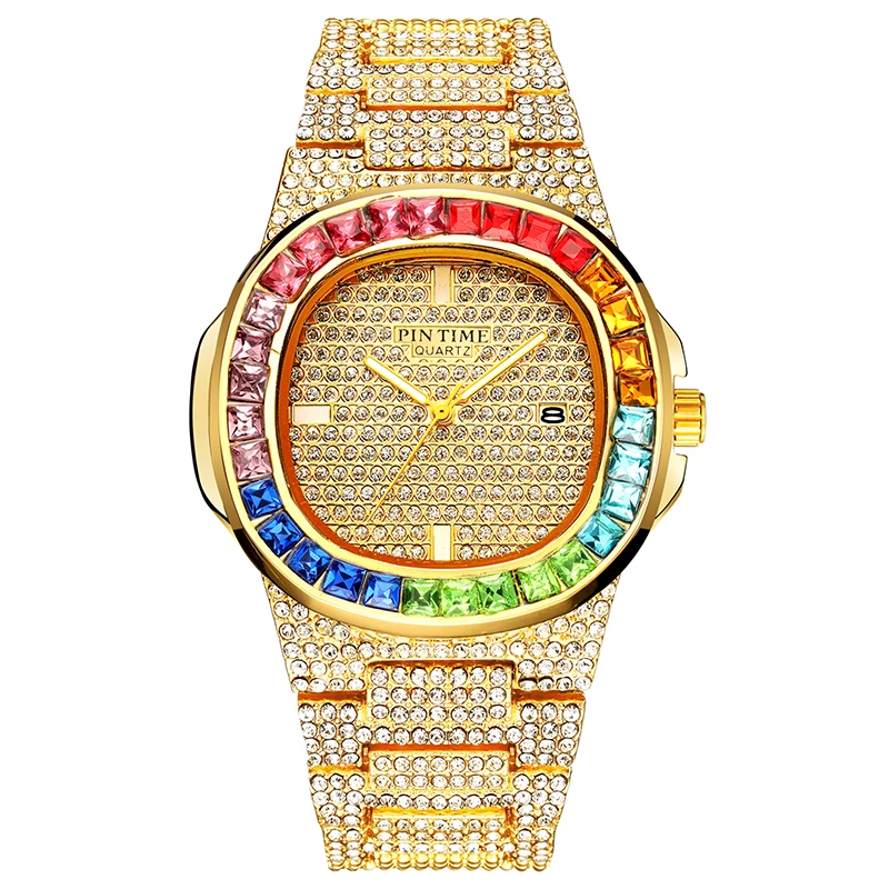 Дропшиппинг Iced Out часы для мужчин хип-хоп алмаз золото мужские s часы лучший бренд класса люкс кварцевые часы с календарем Мужские часы Relogio Masculino - Цвет: Gold