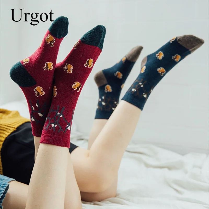 Urgot/6 пар, женские носки на осень и зиму, цветные жаккардовые шерстяные носки с мультяшными животными, носки на год, толстые рождественские носки