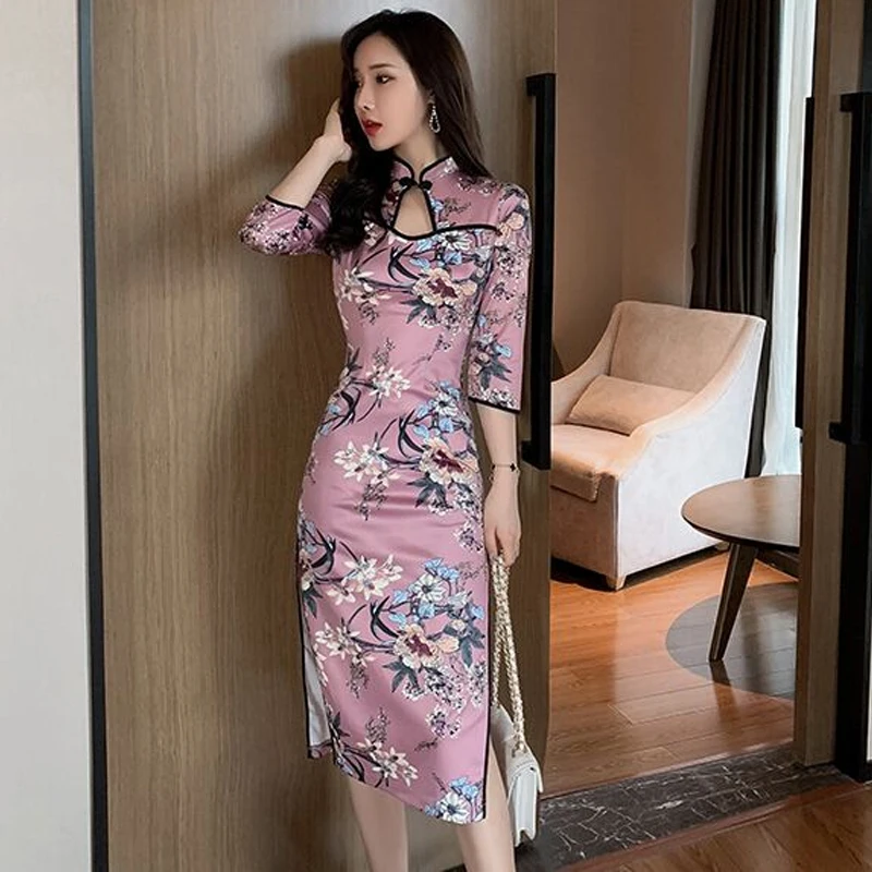 Китайское платье вечернее платье сексуальное cheongsam современное Открытое платье Ципао с коротким рукавом элегантное платье Ципао с разрезом цветочный принт Ципао - Цвет: color1