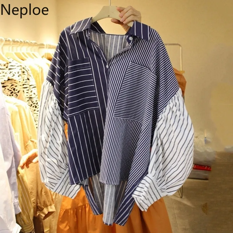 Neploe шик ретро Harajuku стиль полосатая Лоскутная Блузка отложной воротник фонарь длинный рукав Blusas осень весна карман рубашка