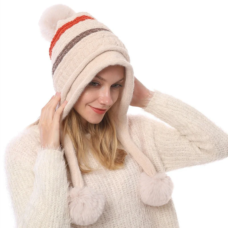 Trendy Women casual Geometry Winter Fur Pom Pom 3 Ball Knit Fur Pom Pom Ball Beanie Girls Acrylic Warm Ski Cap