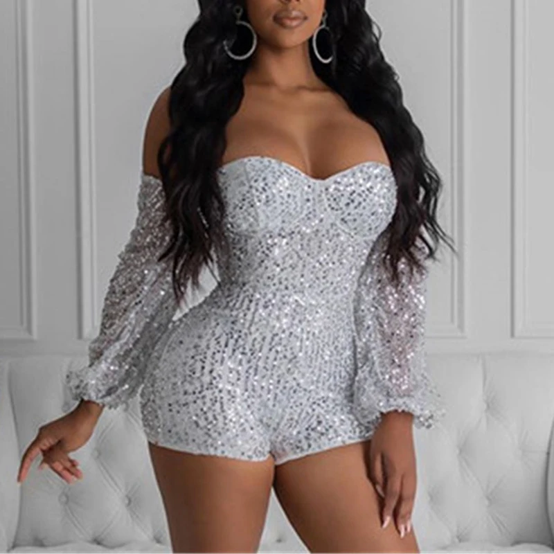 

Strapless long sleeve sequined rompers womens jumpsuit Summer 2019 Off shoulder short jumpsuit Sexy club outfits sequin overlla
