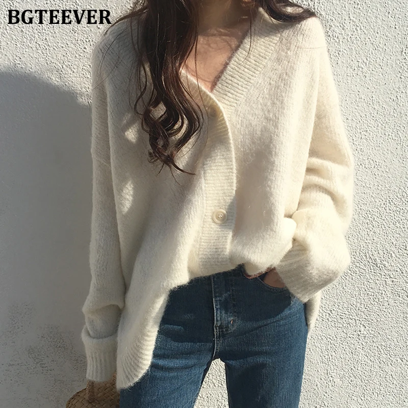 

BGTEEVER 2019 Winter Casual Loose V-neck Single-breasted Female Cardigan Knitted Open Stitch Jumpers Full Sleeve Women Sweater