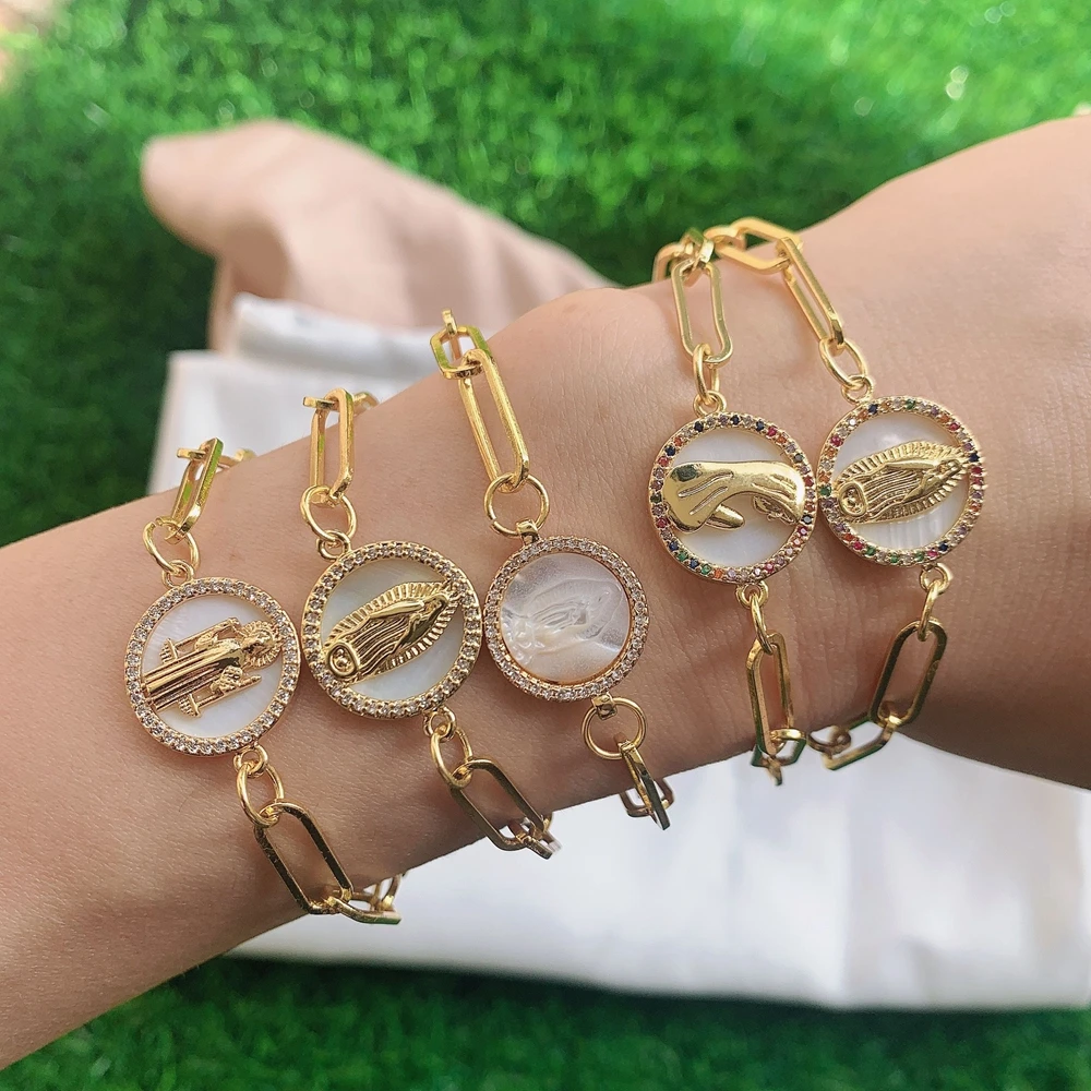 

10PCS, Delicate Fashion Bracelet Jesus Virgin Mary Shell Connector Link Chain Bracelets For Women Men Gold Color Braided Gift