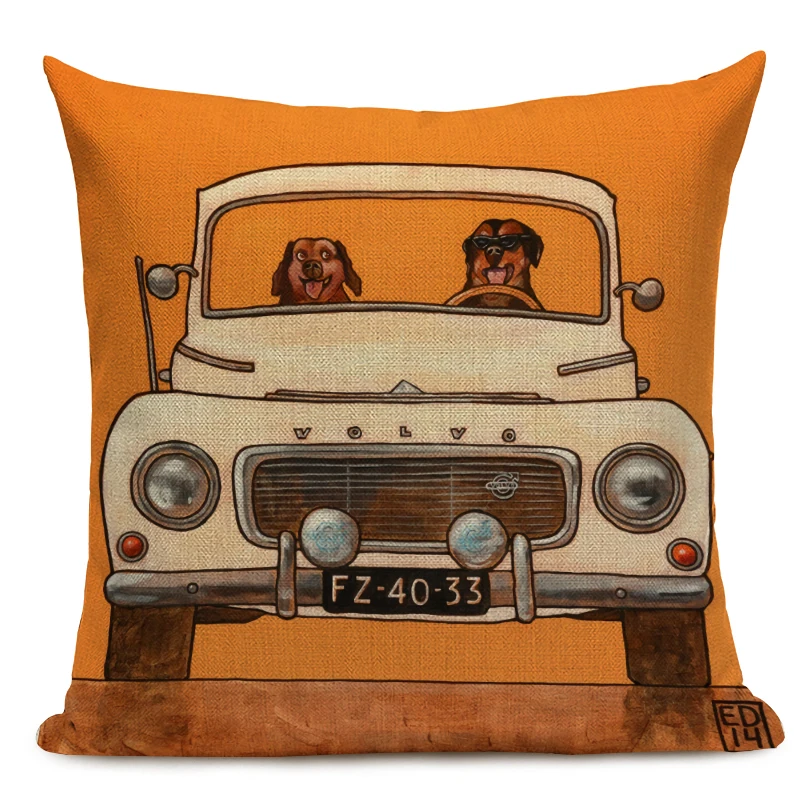 Hot Sale Pillow Lovely Cartoon Dog Cat Color Driving Car Vintage Almofadas 45X45CM Linen Pillow Decorative Linen Cushion Cover