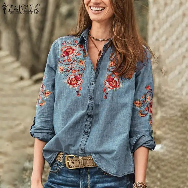 Achat 2019 ZANZEA Femme Vintage Brodé Chemisier Automne Manches Longues Bleu Denim Chemises Femme Boutonné Blusas top de fête tops tuniques