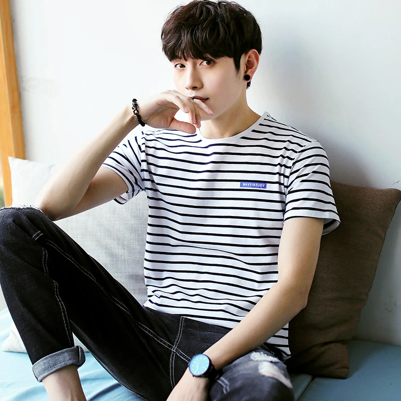 

TFETTERS 2020 Striped T Shirt Men Short Sleeve Summer New Crew Neck Casual Youth Trendy T-shirt Men Clothing