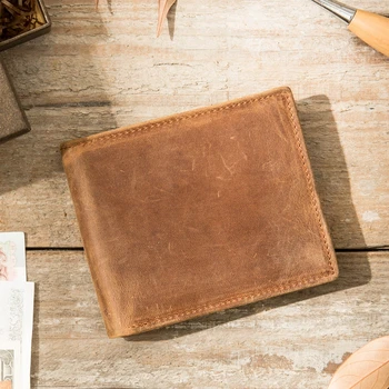 

Retro British Zipper Horizontal Wallet Short Wallet Coin Purse Card Holder Handmade Original Men's Crazy Horse Leather Men