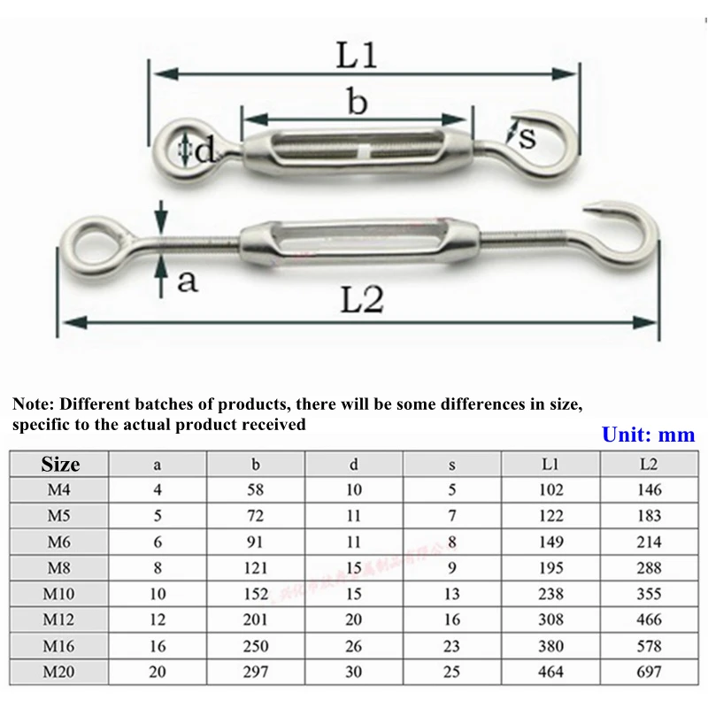 Turnbuckle Tools M5~M24 Turnbuckle 304 Stainless Steel Wire Rope Tension Device Shading Net Tarpaulin Installation DIY Tools Flange Bolt Hook