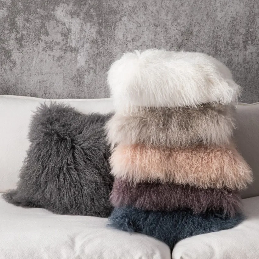 

Genuine natural Mongolian sheepskin fur pillow without core 45x45cm , single side real curly sheep fur cushion without stuff