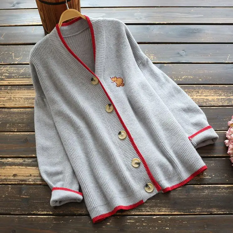 Весенне-осенний женский свитер, вязаный кардиган с v-образным вырезом, однобортное пальто, кардиган для девочки Мори, свитер YoYiKamomo - Цвет: Серый