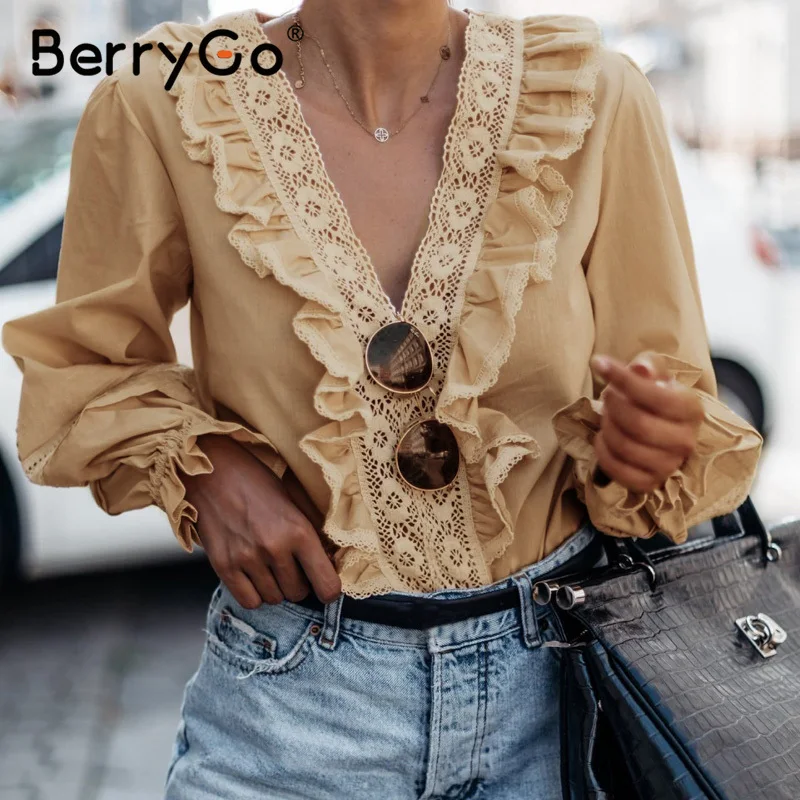 

BerryGo Vintage ruffles blouse shirt women V neck hollow out embroidery white tops female Elegant long sleeve summer blouse 2020