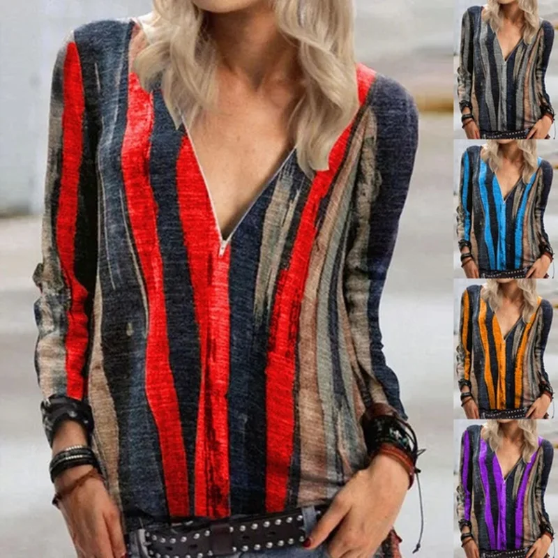 

During The Spring and Autumn 2020 Printed Striped V-neck Long Sleeve T-shirt Zipper Top Female Loose Long-sleeved Top 5 Xl Size
