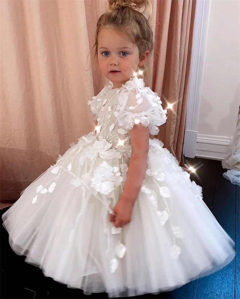 3d Floral Applique Lace Flower Girl Dress A-line Beads Jewel Neck Long  Sleeves Sweep Train Princess Pageant Gowns Birthday Gown - Flower Girl  Dresses - AliExpress