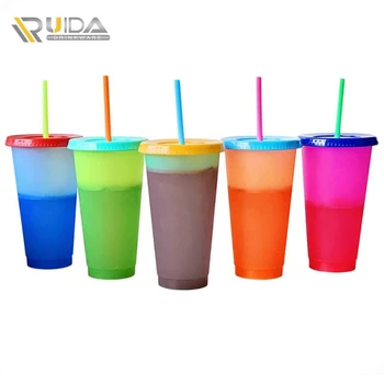 

5/lot Colorful Cold Water Coffee Mug Bottles Plastic Water Bottle Magic Temperature Color Changing Cup With Straw Tumbler