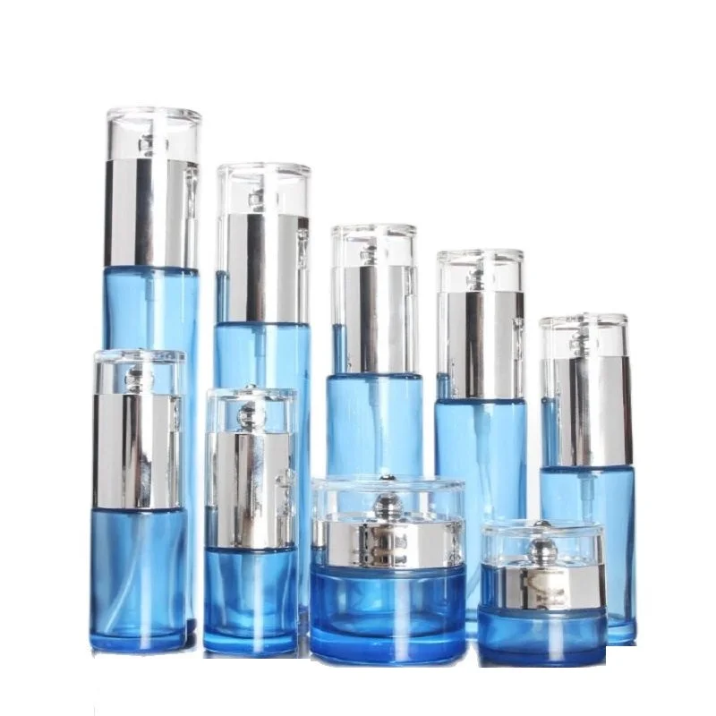 

30g 50g Eye Cream Glass Jars Spray Toner Emulsion Lotion Pump Blue Cosmetic Packaging Bottle 20ml 30ml 40ml 60ml 100ml 8pieces