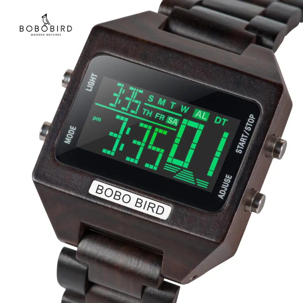 

BOBO BIRD 4 Colors Display LED Digital Watches Men Multifunction Week Stop Watch Wood Clock in Wooden Gift Box OEM Drop Shipping