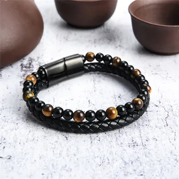 

Men Bracelet Natural Red Tiger Eye Stone Leather Magnetic Buckle Beaded Chain Double Row Black Bangle Wristband Black Ornaments