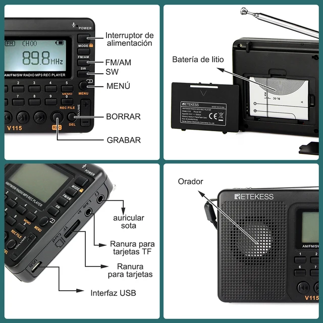 Equipo de Radio Multibanda Irfora Retekess V-115, Con Recepción FM/AM/SW y  Función Grabadora